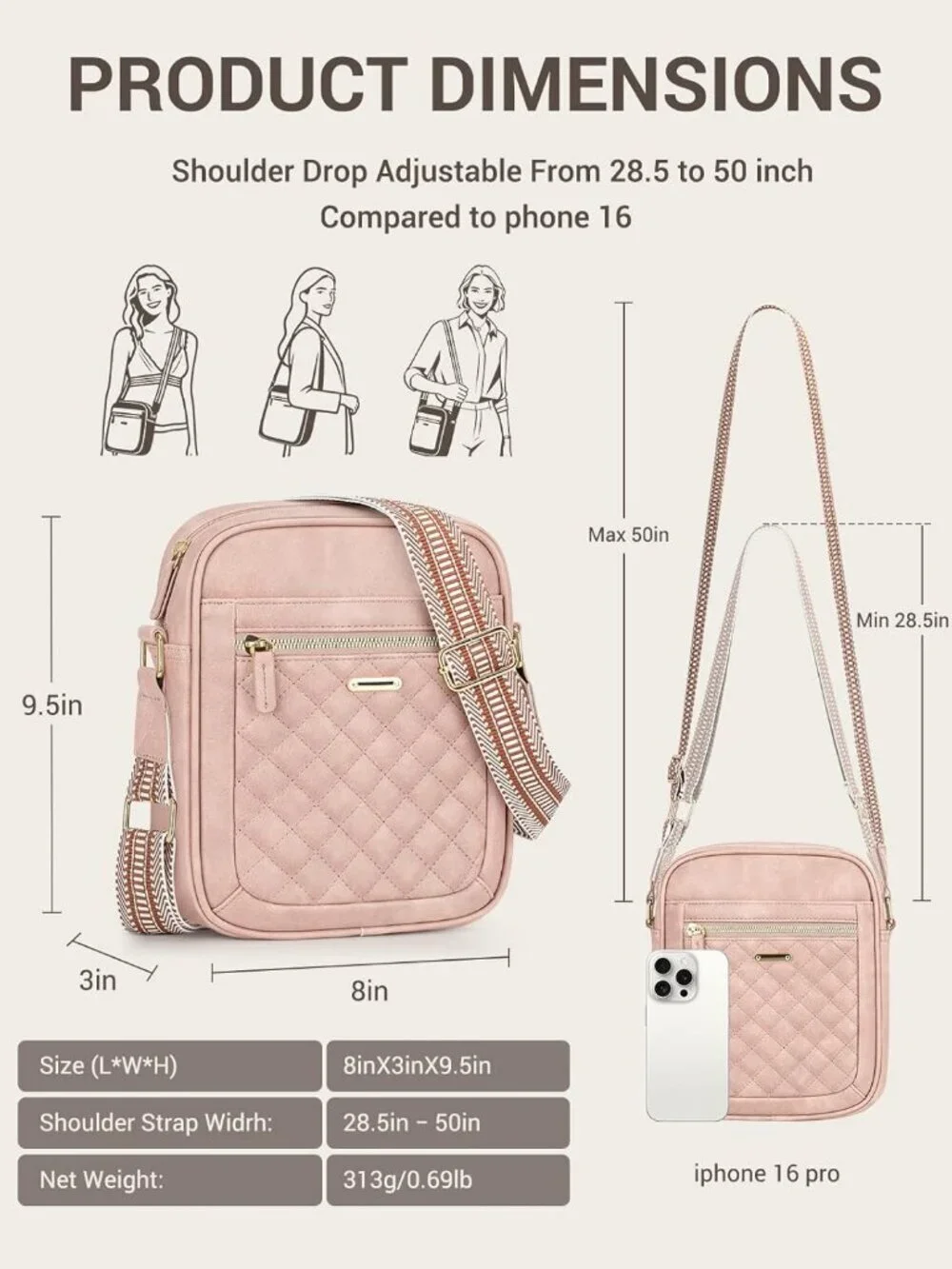 Women's Pink Small Shoulder Bags with Adjustable Strap for Travel Workout